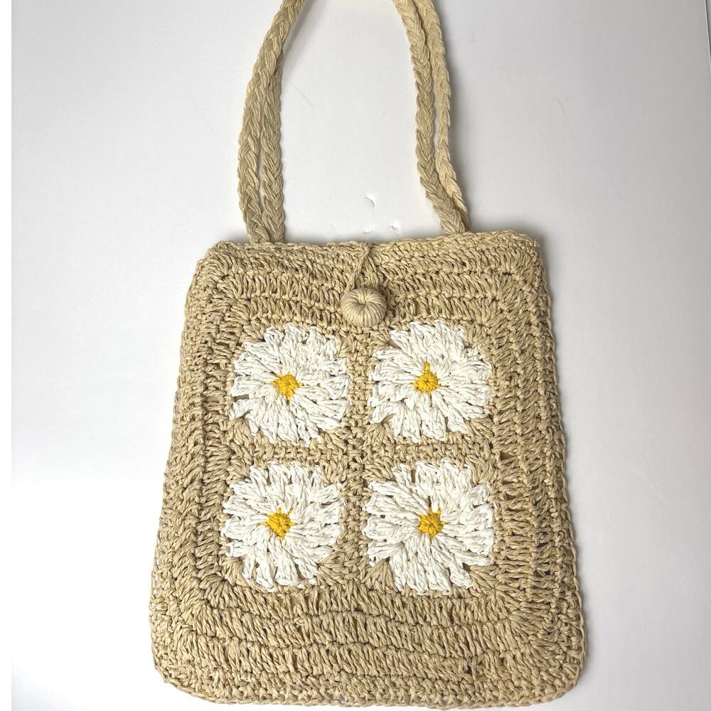 Straw Daisy Granny Squares Crocheted Shoulder Bag